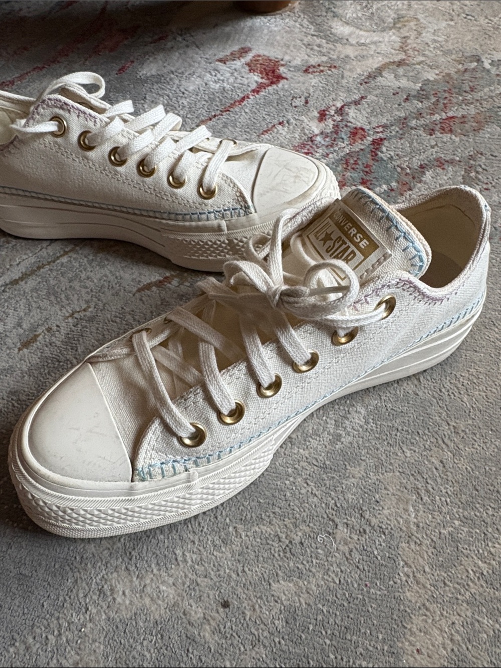 Converse White Low-Top Platform Sneakers with Gold Eyelets